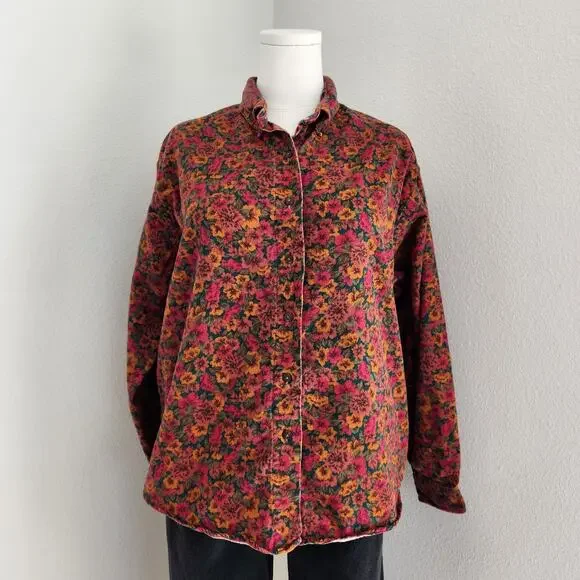Vintage 90s Land's End Red Green Orange Autumn Fall Floral Button Down Shirt L - Picture 9 of 9
